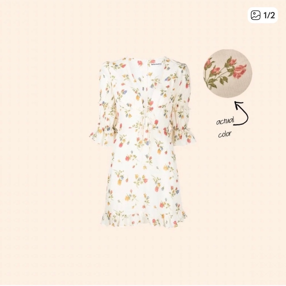 Reformation White Floral Mini Dress with Pink and Red Roses Print